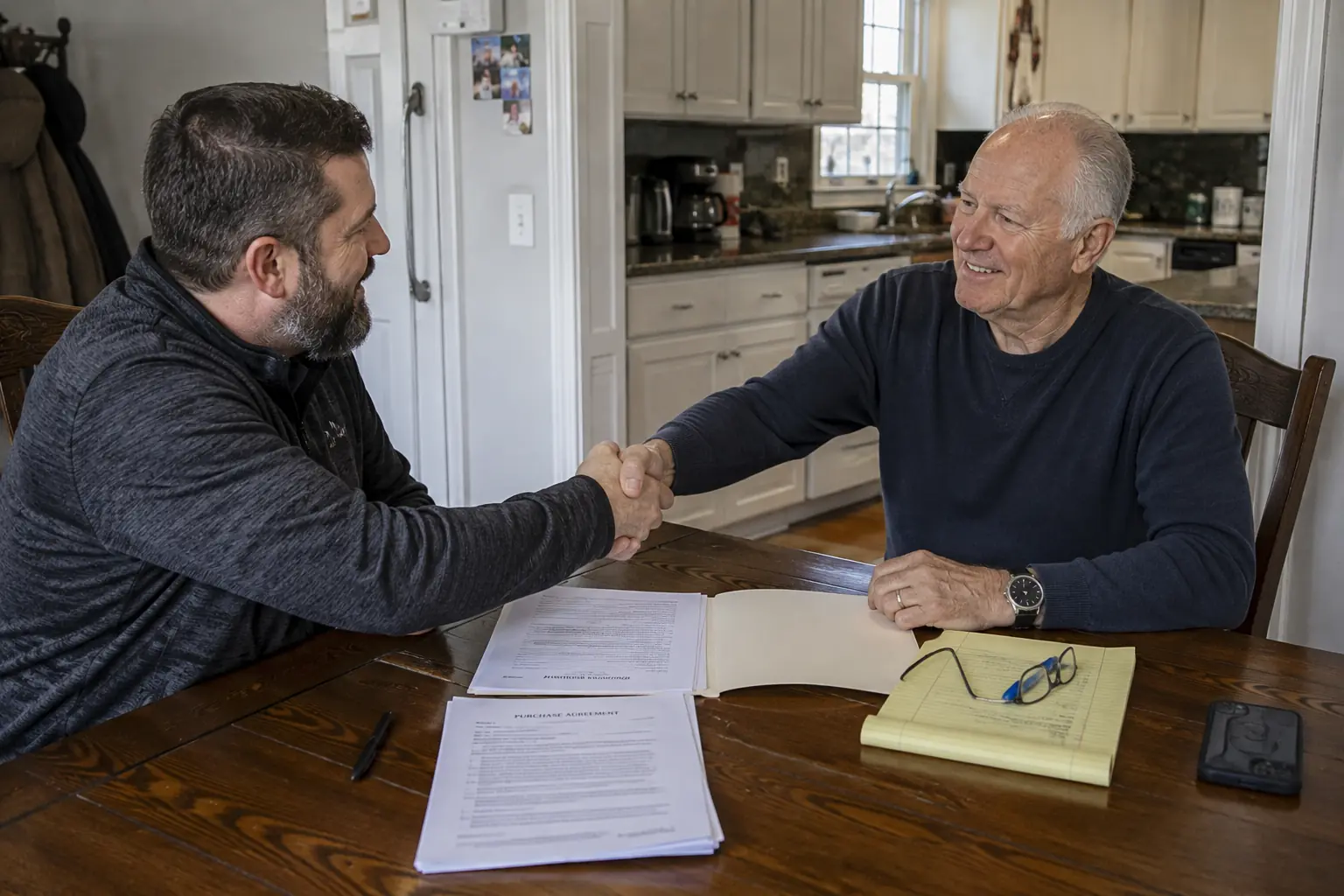 Homeowner shaking hands with a home buyer over a purchase agreement at a kitchen table