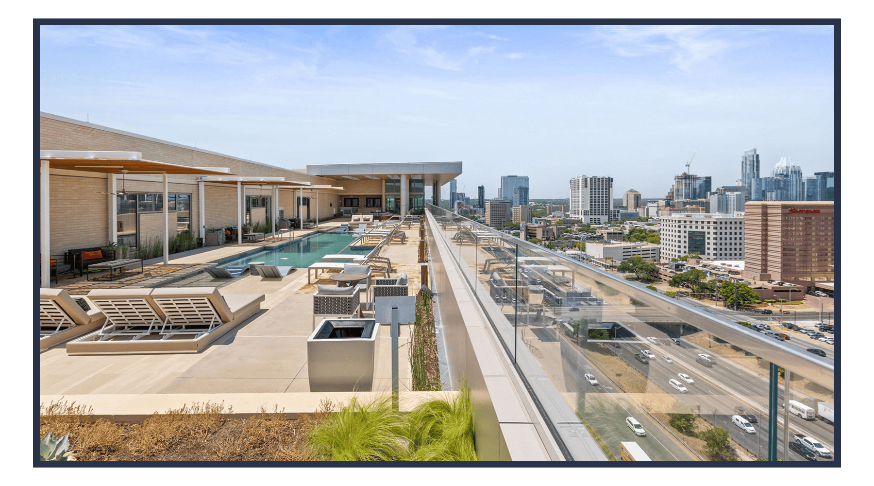 Avenir Apartments rooftop deck overlooking I-35 and downtown Austin