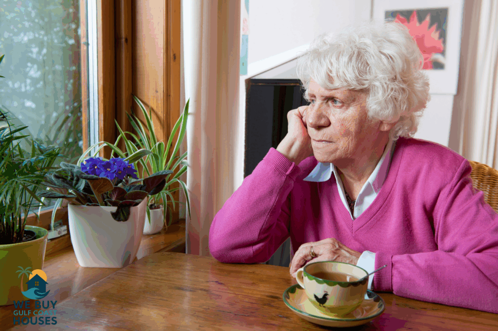 Elderly woman gazing out window beside a cup of tea, illustrating concerns about home and nursing home care