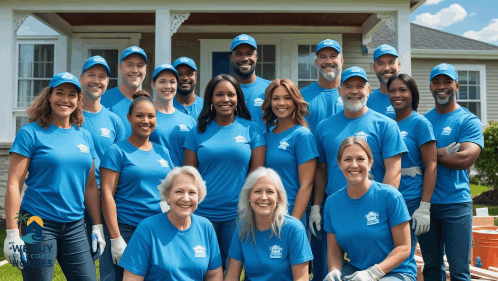 A diverse team of volunteers from a Florida charity organization poses in front of a home during a free repair event.