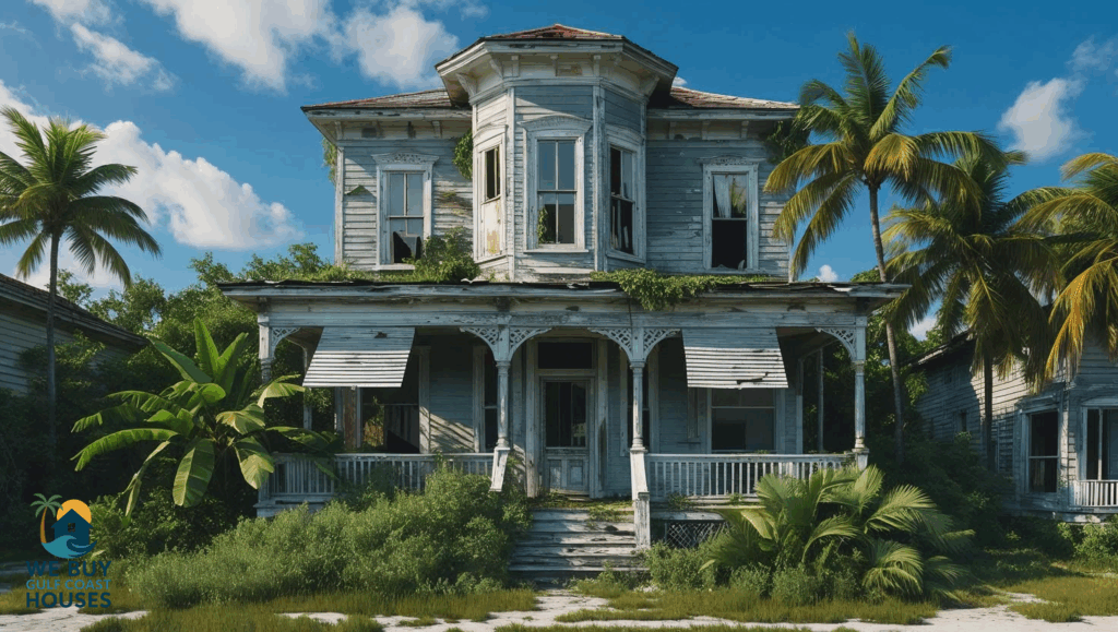 Abandoned and condemned house in Fort Myers, Florida surrounded by tropical palm trees.