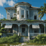 Abandoned and condemned house in Fort Myers, Florida surrounded by tropical palm trees.