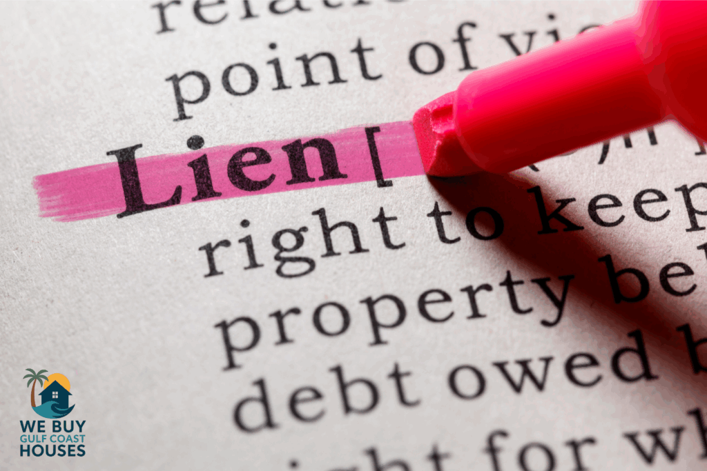 Definition of lien highlighted with a pink marker in a legal dictionary.