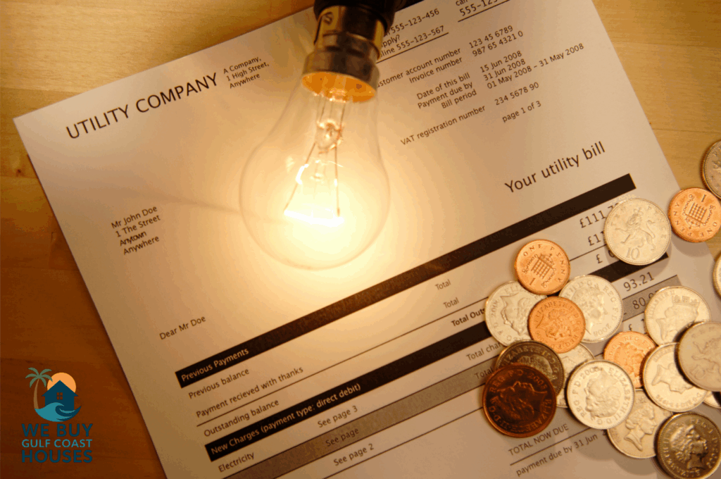 A lightbulb, utility bill, and coins symbolize rising costs and power shutoffs in Lee County, FL.
