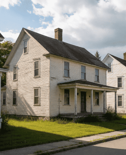 Overgrown yard and deferred maintenance on a vacant inherited house in Maine