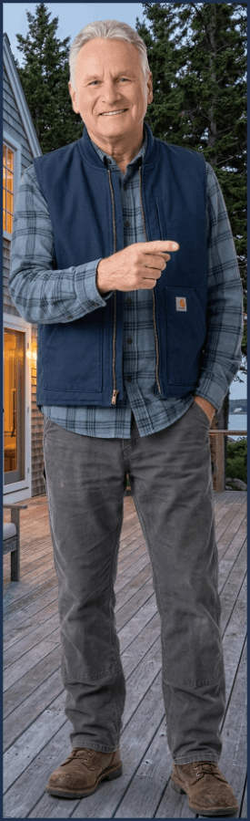 Jack Pinard, a local Portland Maine Real Estate Consultant, wearing a flannel and vest while standing outdoors, representing the trusted and neighborly team at We Buy Houses In Maine.