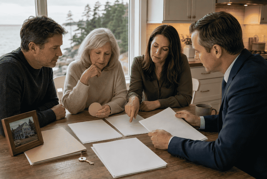 Biddeford family at the kitchen table discussing the inheritance process.