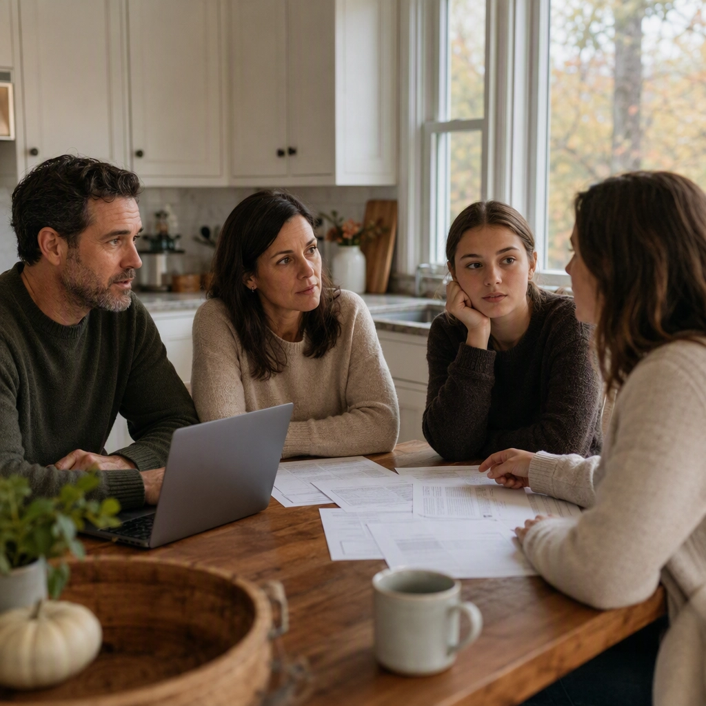 Family of heirs discussing how to sell an inherited house together in Portland, Maine