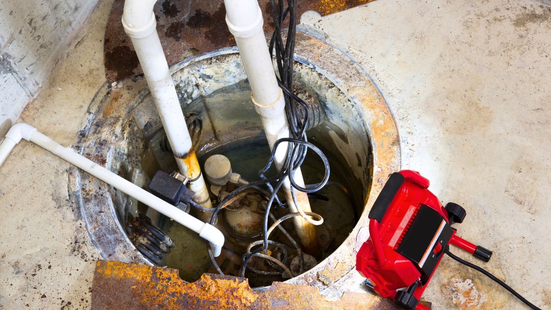 Sump pump installation in a basement.