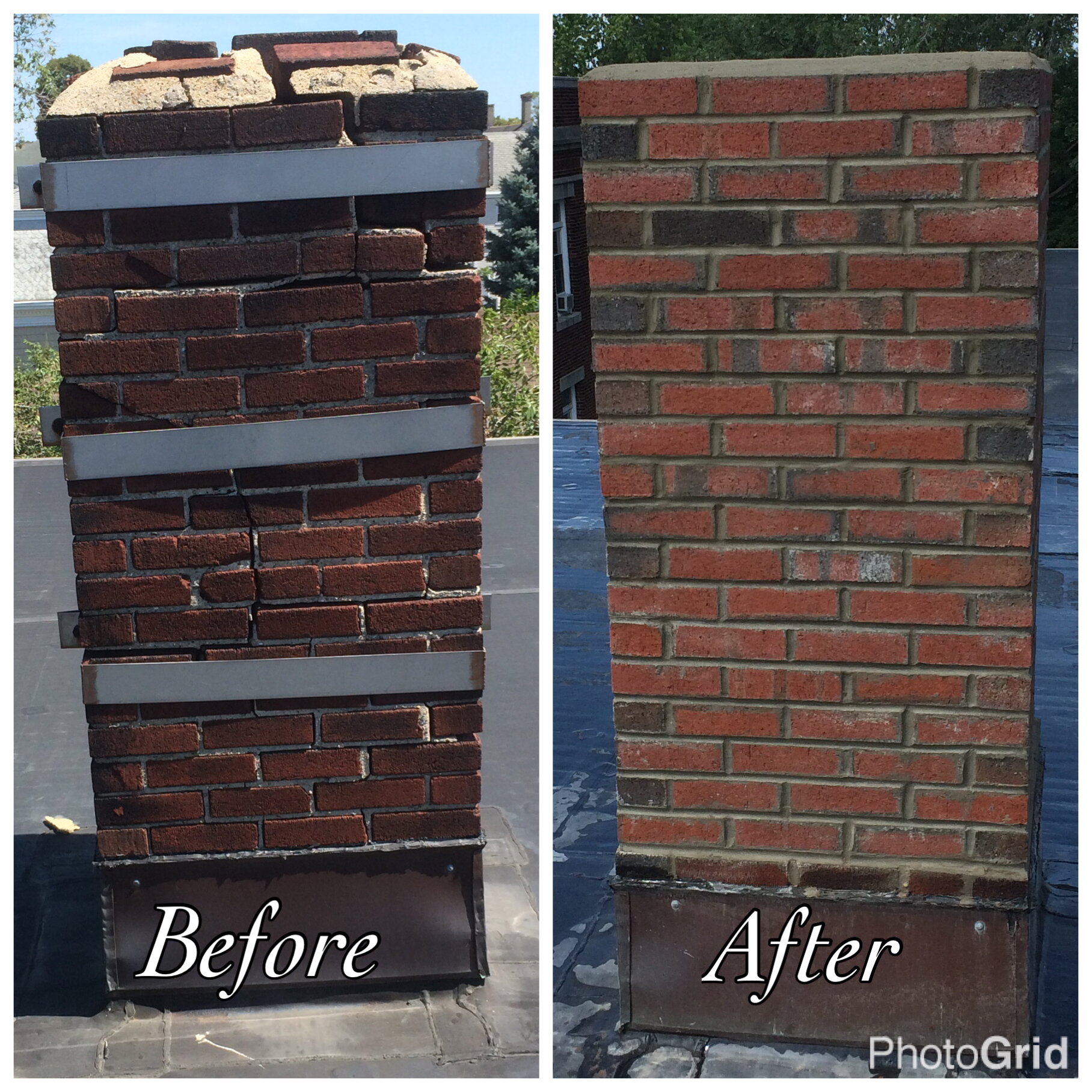 Before and after of cracked chimney.