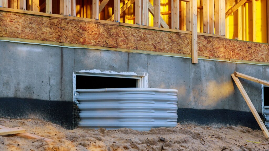 House under construction showing a waterproofed foundation with a visible window well installed near the base.