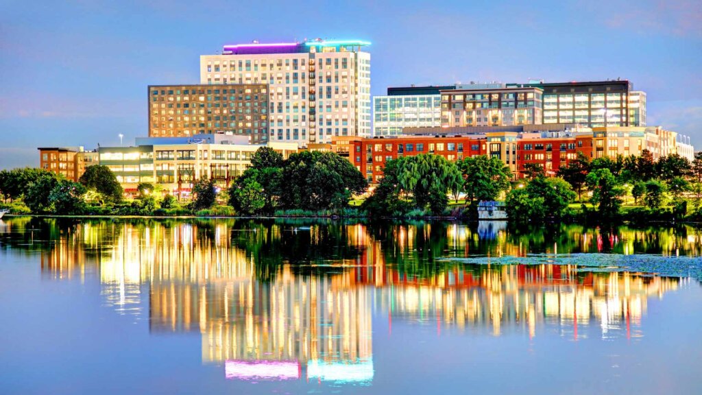 Waterfront property in Somerville, MA during the evening