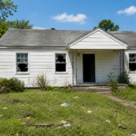Vacant Limestone County house damaged by squatters with broken windows and overgrown grass.