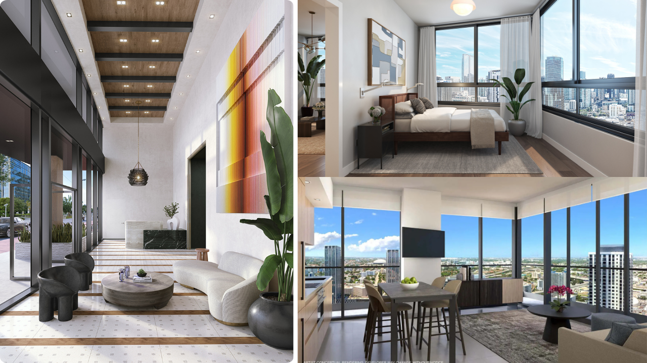 Modern interiors at District 225 condo featuring stylish lobby, bedroom with city skyline view, and bright living area with floor-to-ceiling windows.