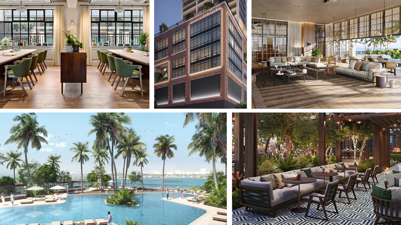 Luxury vacation rental amenities at Natiivo Miami featuring coworking space, modern lobby, waterfront pool, outdoor lounge, and stylish architecture.