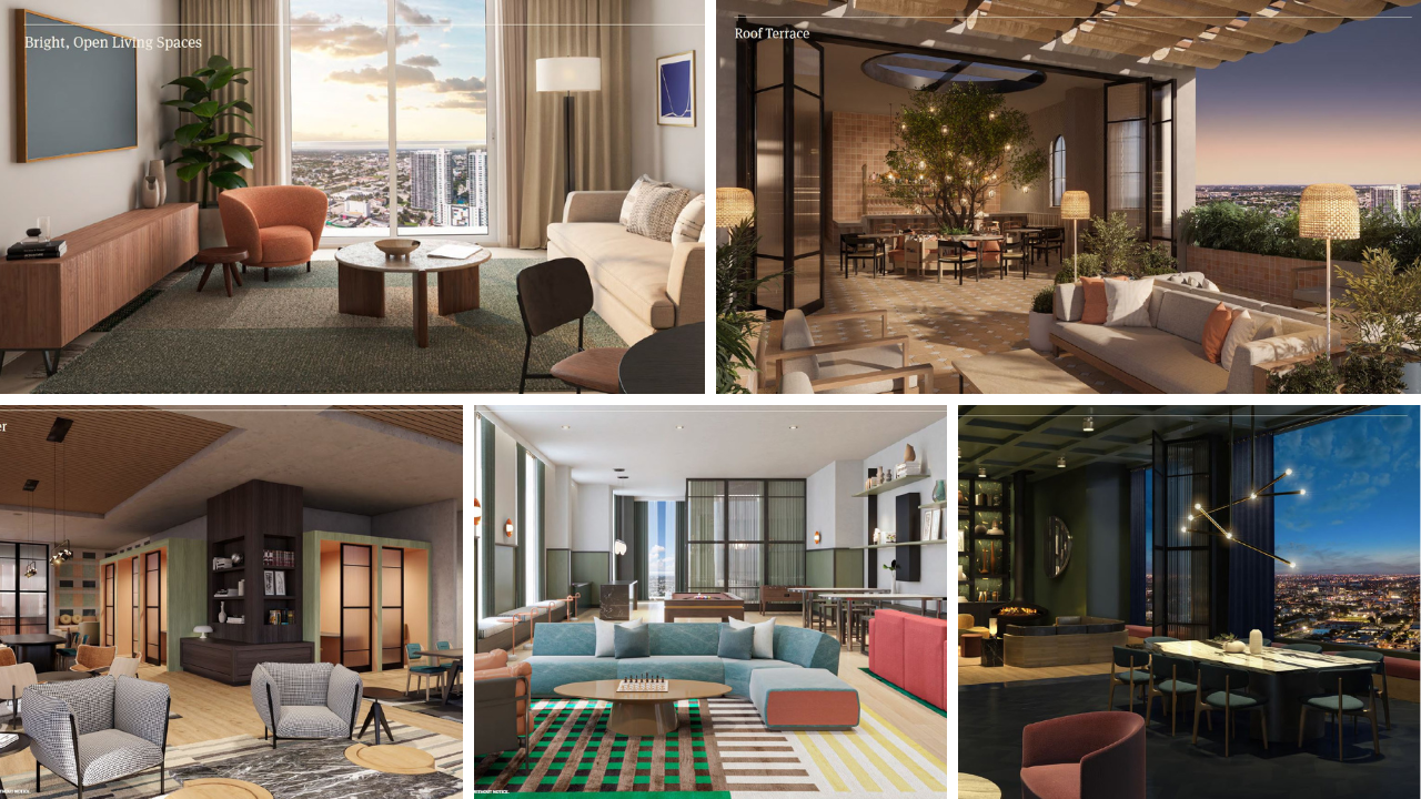 Luxury vacation rental spaces at The Crosby Miami featuring bright living areas, rooftop terrace, modern lounges, and elegant dining rooms with city views.