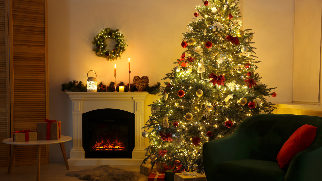 Decorated Christmas Tree near Fireplace in Room. Festive Interior