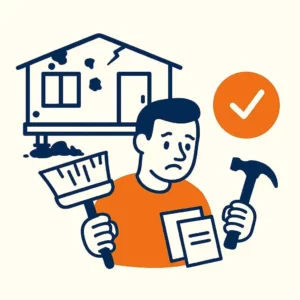 Illustration of seller with mobile home — no repairs or cleaning needed for mobile home sale in Arizona.