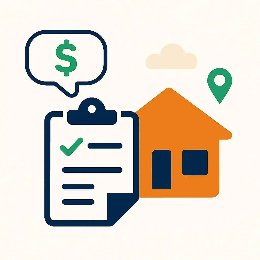 Illustration of property checklist and house — step 1 tell us about your mobile home in Arizona.