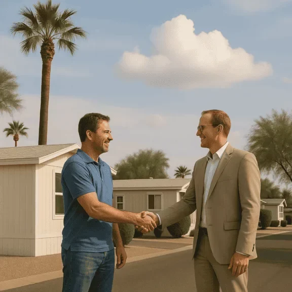 Arizona mobile home seller shaking hands with buyer after fast cash sale.