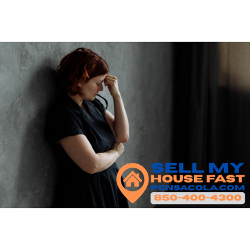 Stressed nurse woman homeowner with logo of Pensacola real estate investor Sell My House Fast Pensacola LLC 850-400-4300.