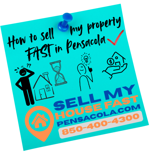 Post it note light blue, How to Sell My Property FAST in pensacola... with cartoon sketch images of distressed person, next to house, time running out, has an idea and finds solution. Sell My House Fast Pensacola .com 850-400-4300