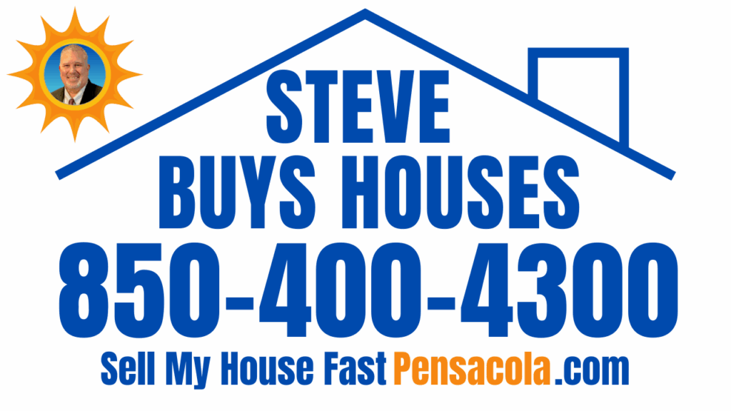 Website footer logo for Sell My House Fast Pensacola LLC with navy blue house icon, sin image with branding and Steve Buys Houses 850-400-4300 and URL