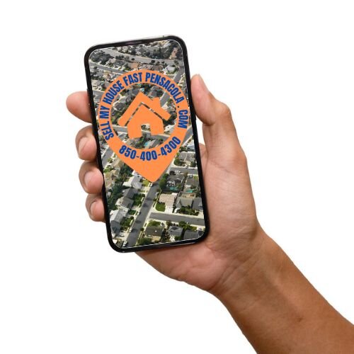 Image of a hand holding a cell phone with the Sell My House Fast Logo and 850-400-4300 number.