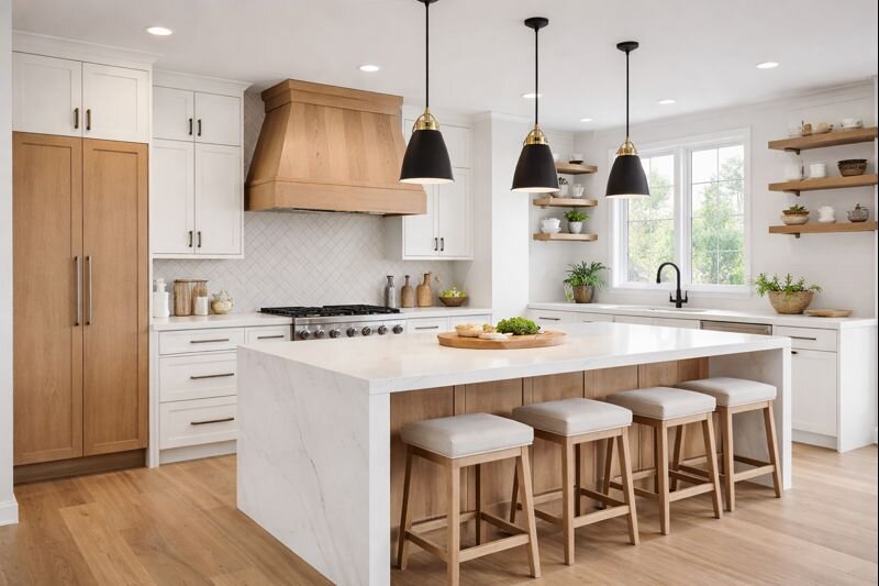 Modern kitchen remodel in Dallas featuring a large island, custom cabinetry, and contemporary finishes