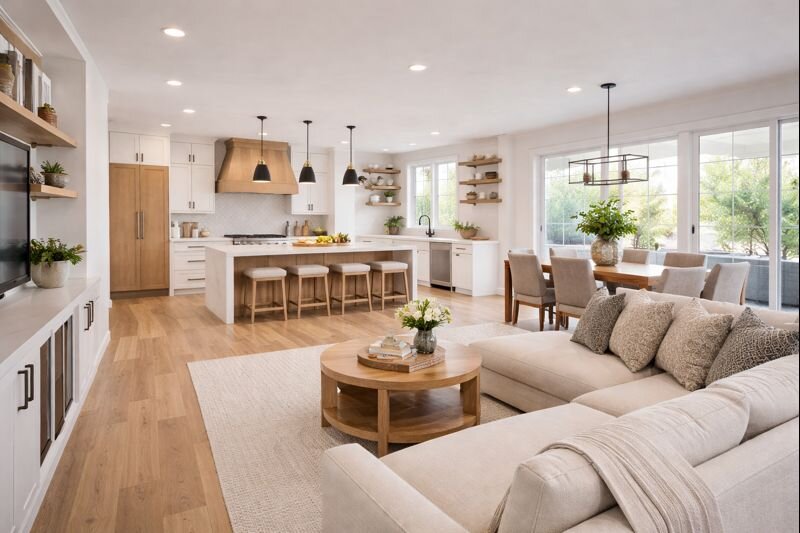 Open-concept Dallas home remodel with cohesive flooring, custom finishes, and a seamless kitchen and living area