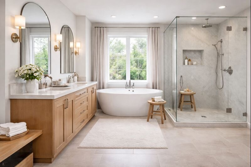 Spa-like bathroom remodel in Dallas featuring a freestanding soaking tub, walk-in glass shower, and custom double vanity