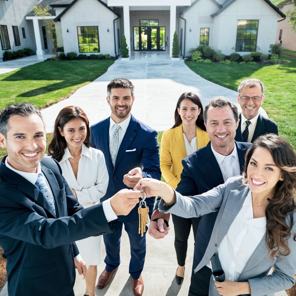 real estate closing people handing over keys