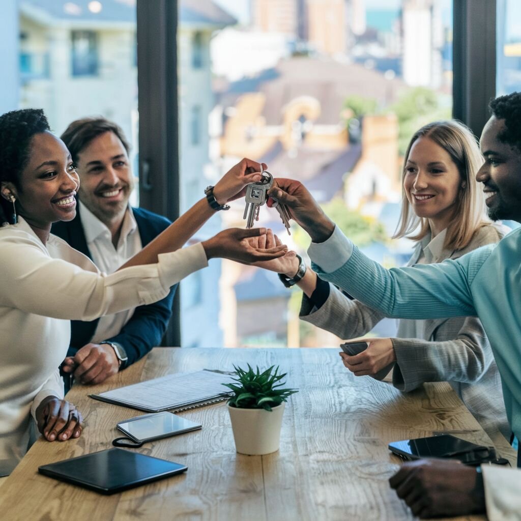group of people at a real estate closing handing keys to the buyer