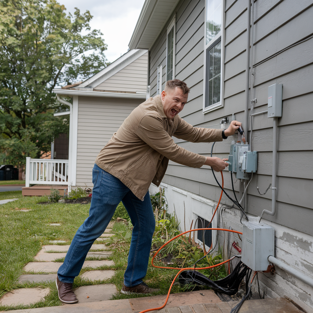 An image of an angry man shutting off the electric on a squatter occupied property in Colorado Springs, CO