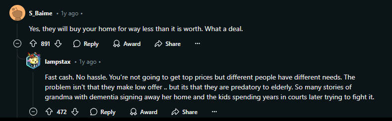 Reddit user cash home buyer quote