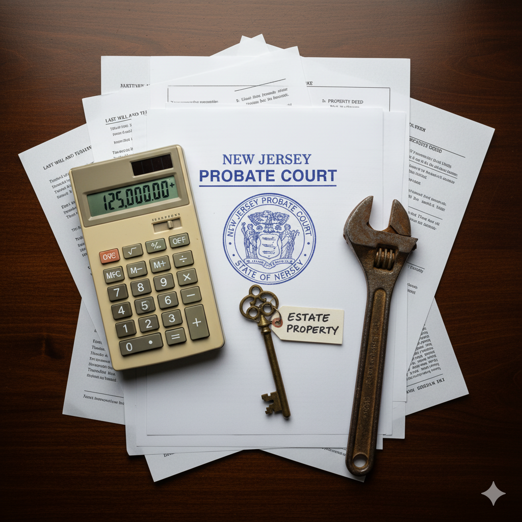 New Jersey inherited house probate paperwork, wrench, and calculator symbolizing legal and repair burden.