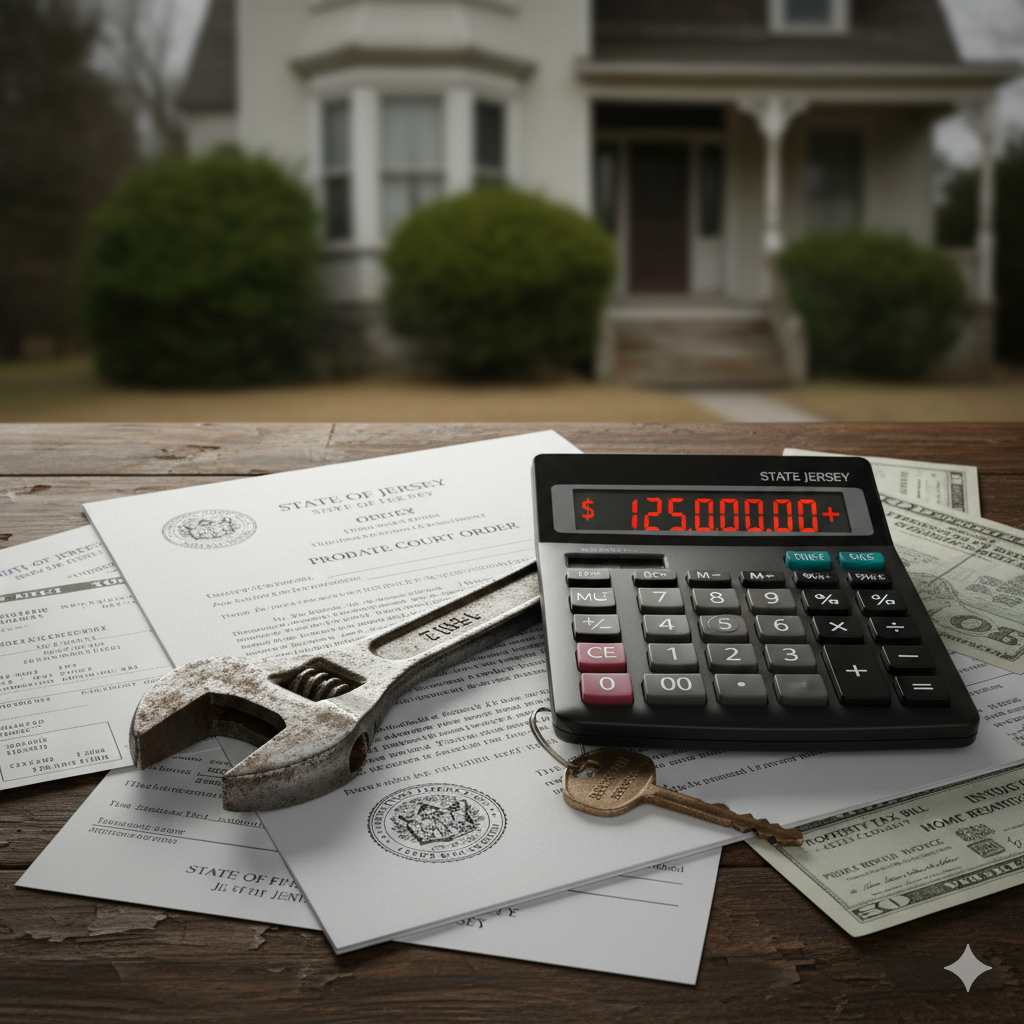 New Jersey inherited house paperwork with a wrench and calculator, symbolizing the legal and financial burden of probate and maintenance.