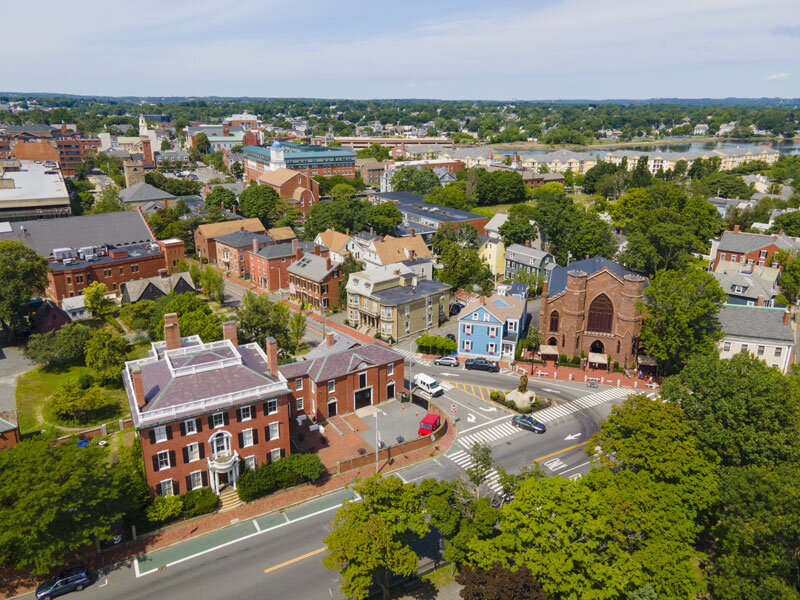 Sky-down view of Salem Massachusetts, lovely historic brick buildings