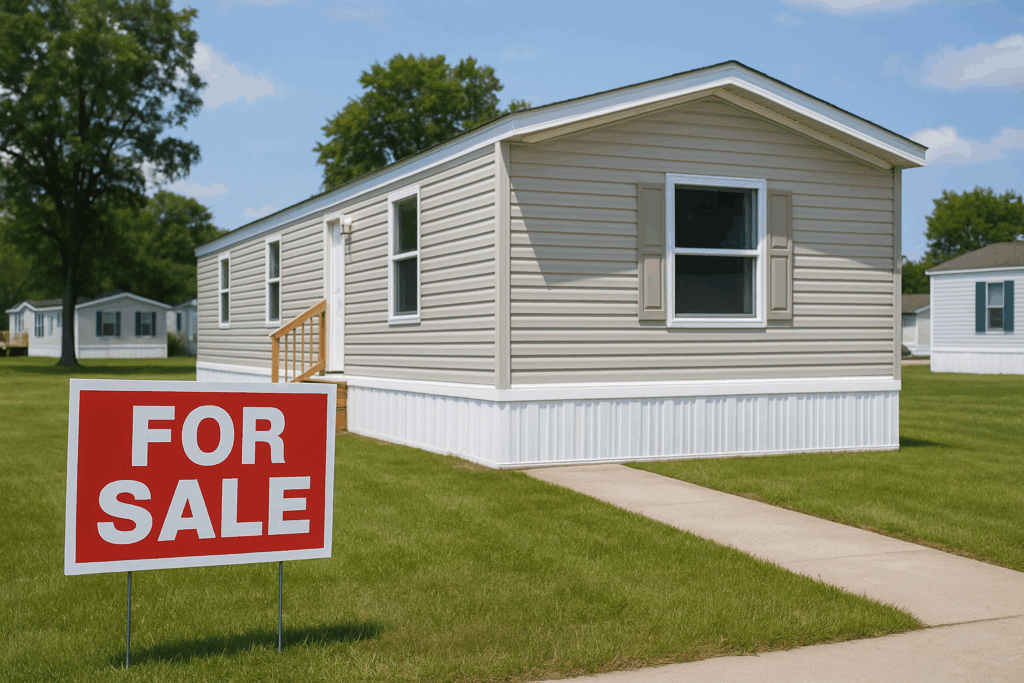 Single wide mobile home for sale in San Antonio lot.