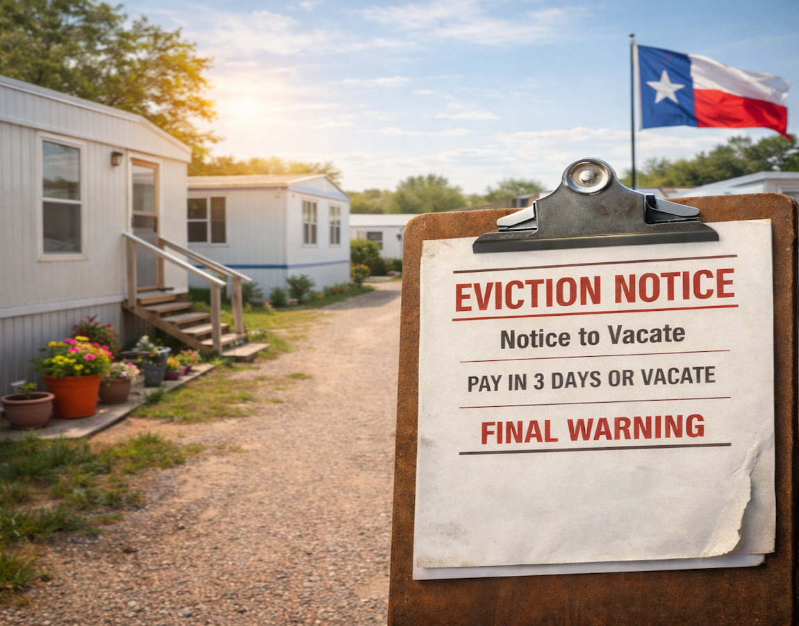 Mobile home park in Texas with eviction notice explaining the lot rent eviction process