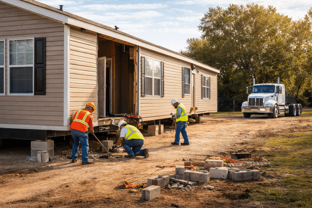 Workers preparing a double-wide mobile home for relocation in Central Texas with a semi truck waiting in the background