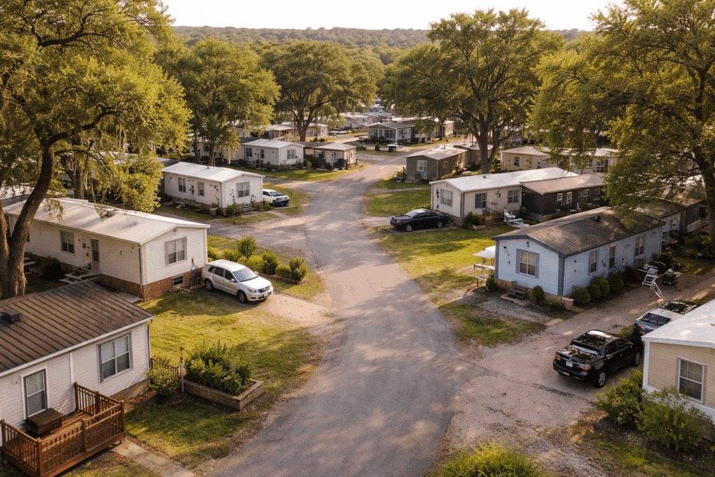 Daytime photo of a Temple, TX mobile home park with paved road and spaced homes.