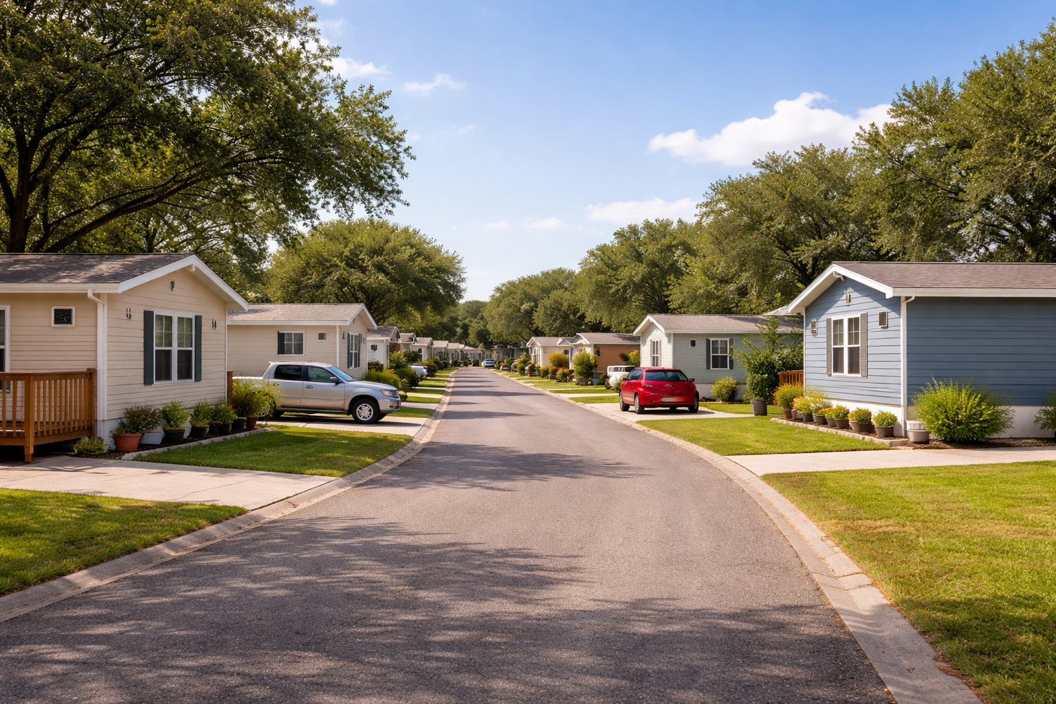 A quiet street in a well-kept Central Texas mobile home park on a sunny day, with spaced-out manufactured homes.