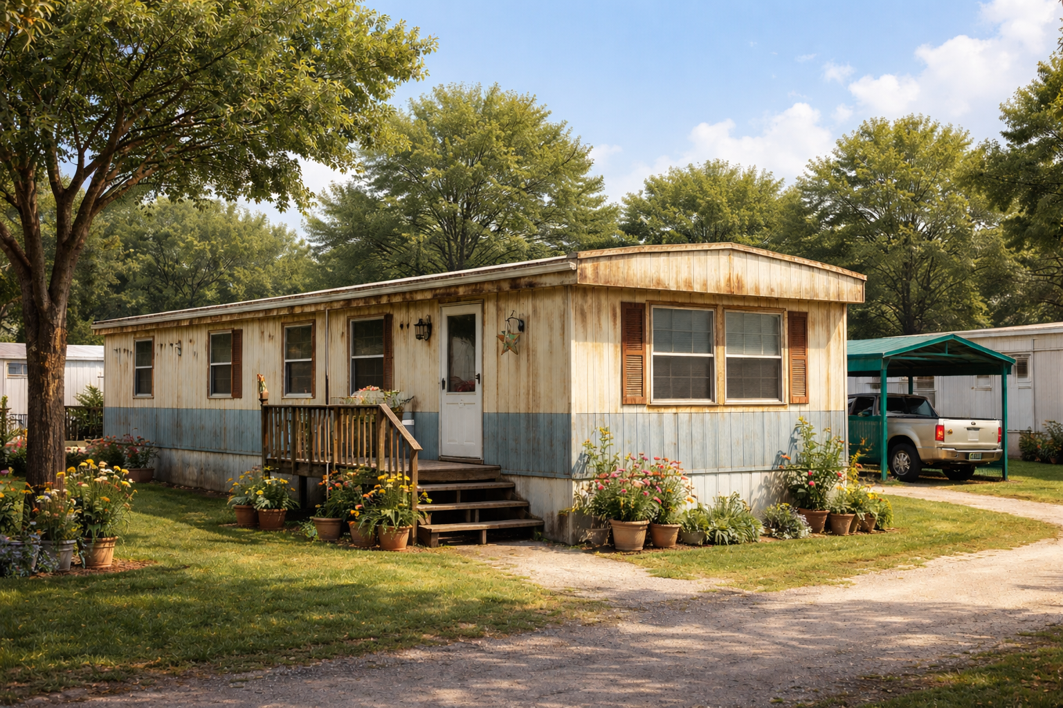 Older mobile home in a Texas park with visible aging exterior but well-kept surroundings.