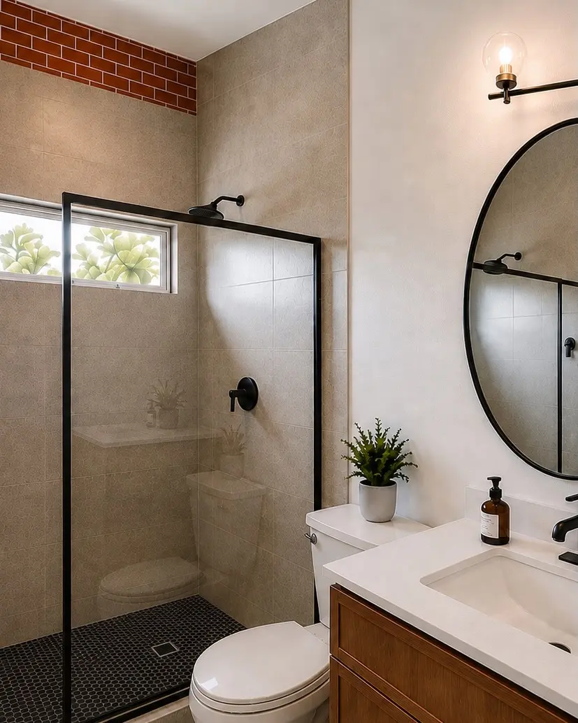 Finished spa-style bathroom with porcelain tile shower and arched mirror