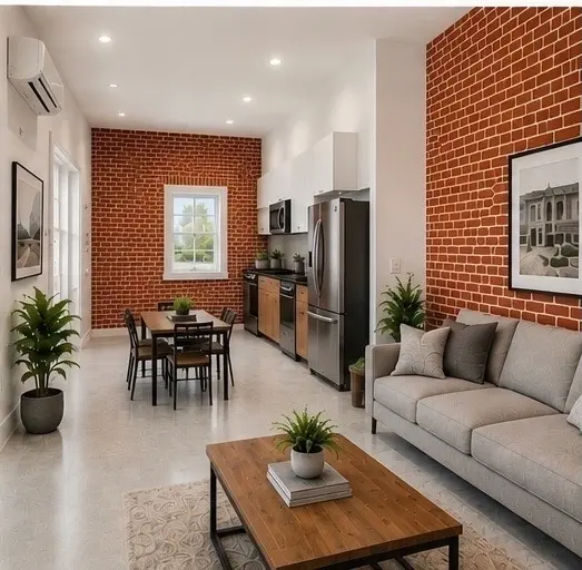 Virtually staged concept showing a possible apartment living layout