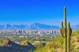 Phoenix AZ skyline with saguaro cactus and mountains - mobile home communities in Phoenix AZ - AZ Mobile Homes Direct
