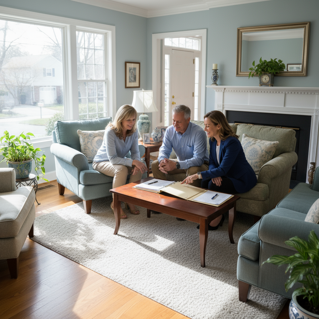 Homeowners meet with a local cash home buyer in their living room to review a simple, no-pressure sale offer.