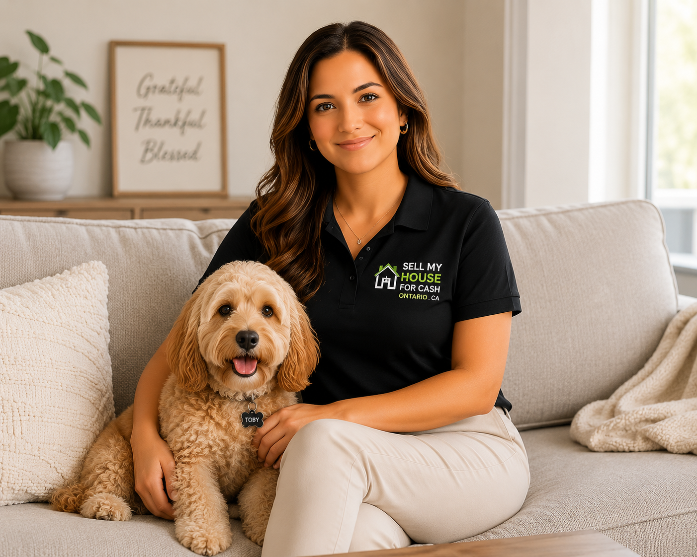 Sonia, founder of Sell My House For Cash Ontario, with her dog Toby