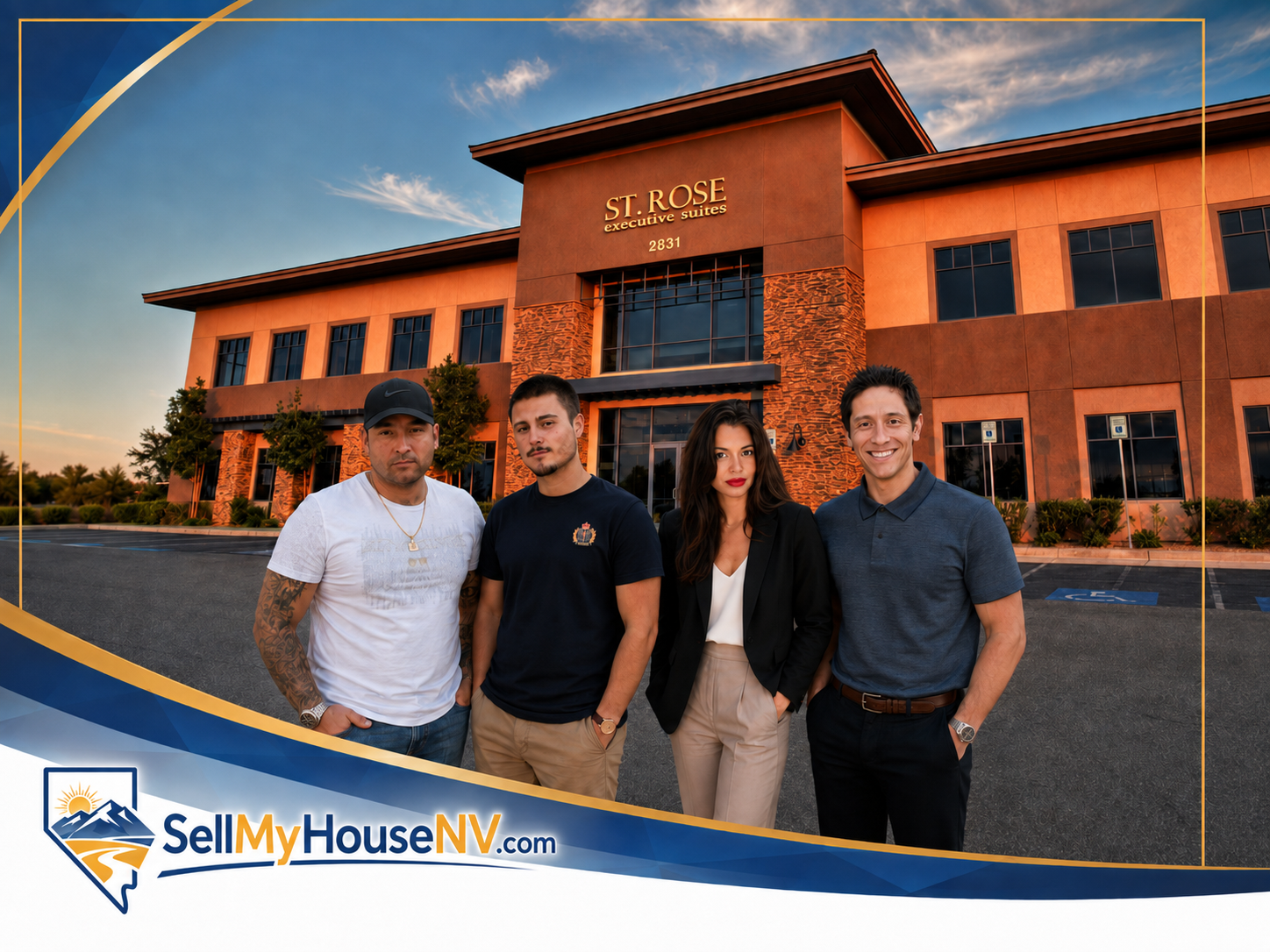 The Sell My House NV team standing outside their office building on St Rose Parkway in Henderson, Nevada
